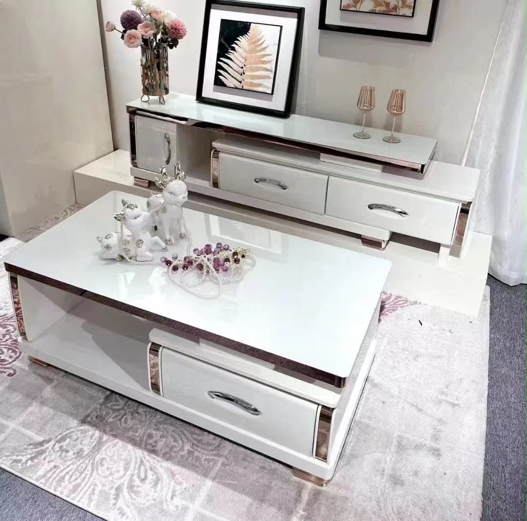 Meuble TV & table basse blanc, Salon · plateau laqué
