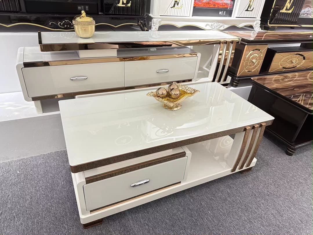 Meuble TV & table basse ivoire, Salon · finition dorée