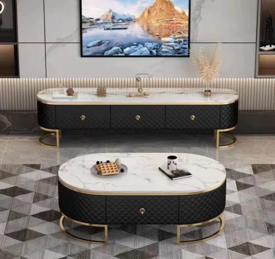 Meuble TV & table basse marbre noir, Salon · plateau marbre