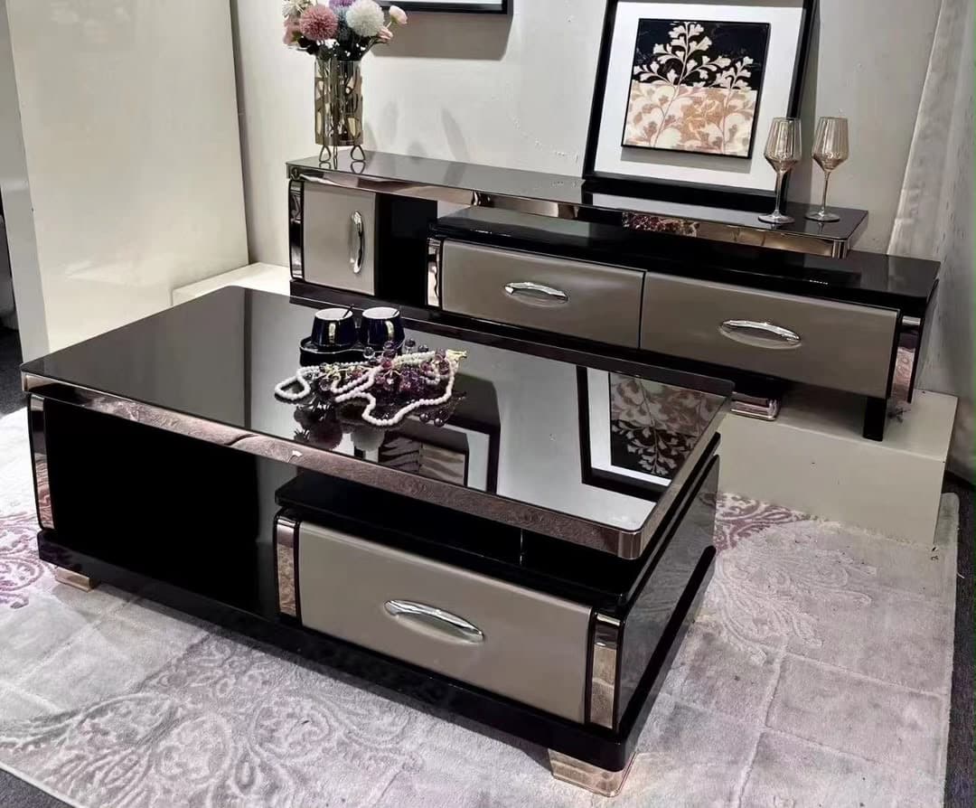 Meuble TV & table basse miroir, Salon · finition chromée