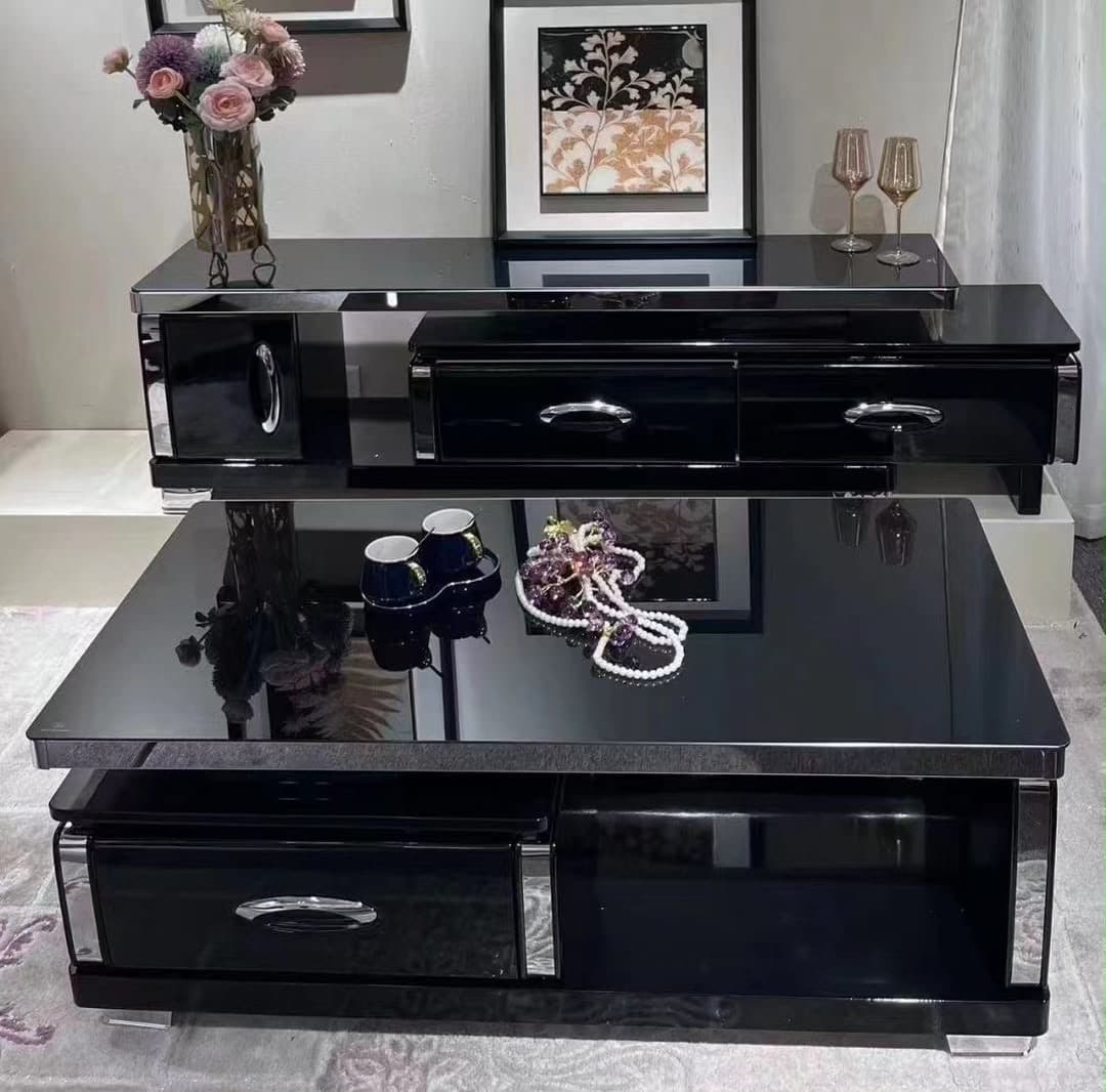 Meuble TV & table basse noir miroir, Salon · plateau miroir