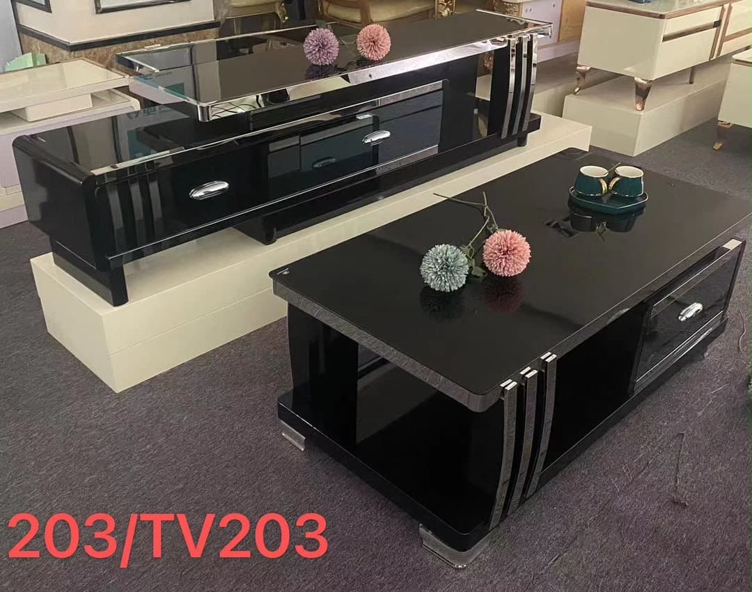 Meuble TV & table basse noir, Salon · finition brillante